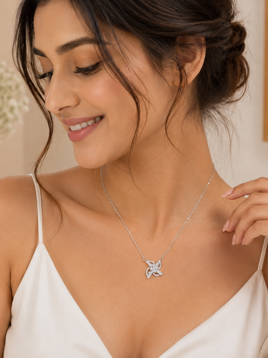 Celestial Bloom Floral Chain Pendant - 925 Sterling Silver | Harsh Jewellers