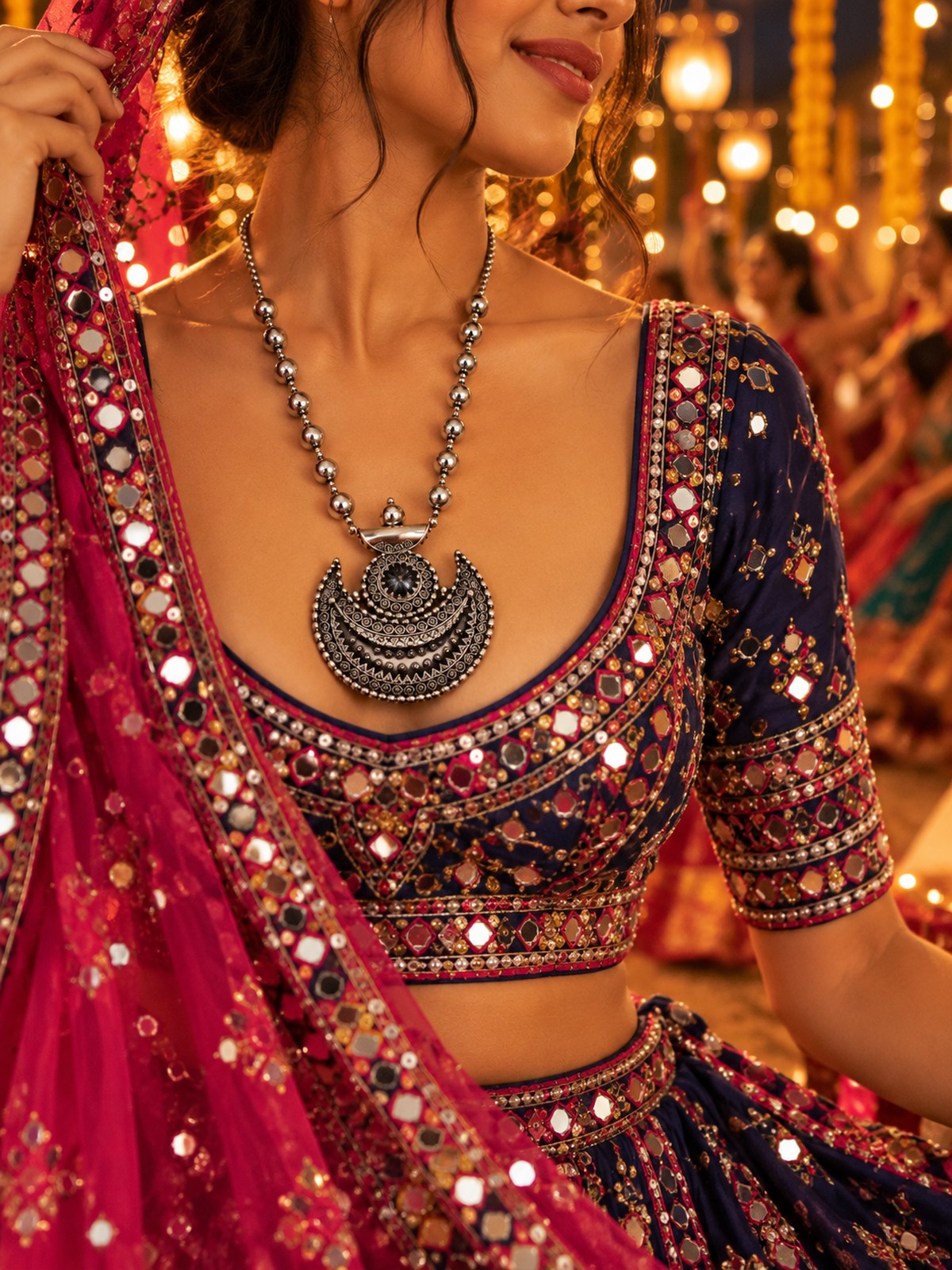 Model wearing Chandra Crescent Necklace in 925 sterling silver | Harsh Jewellers
