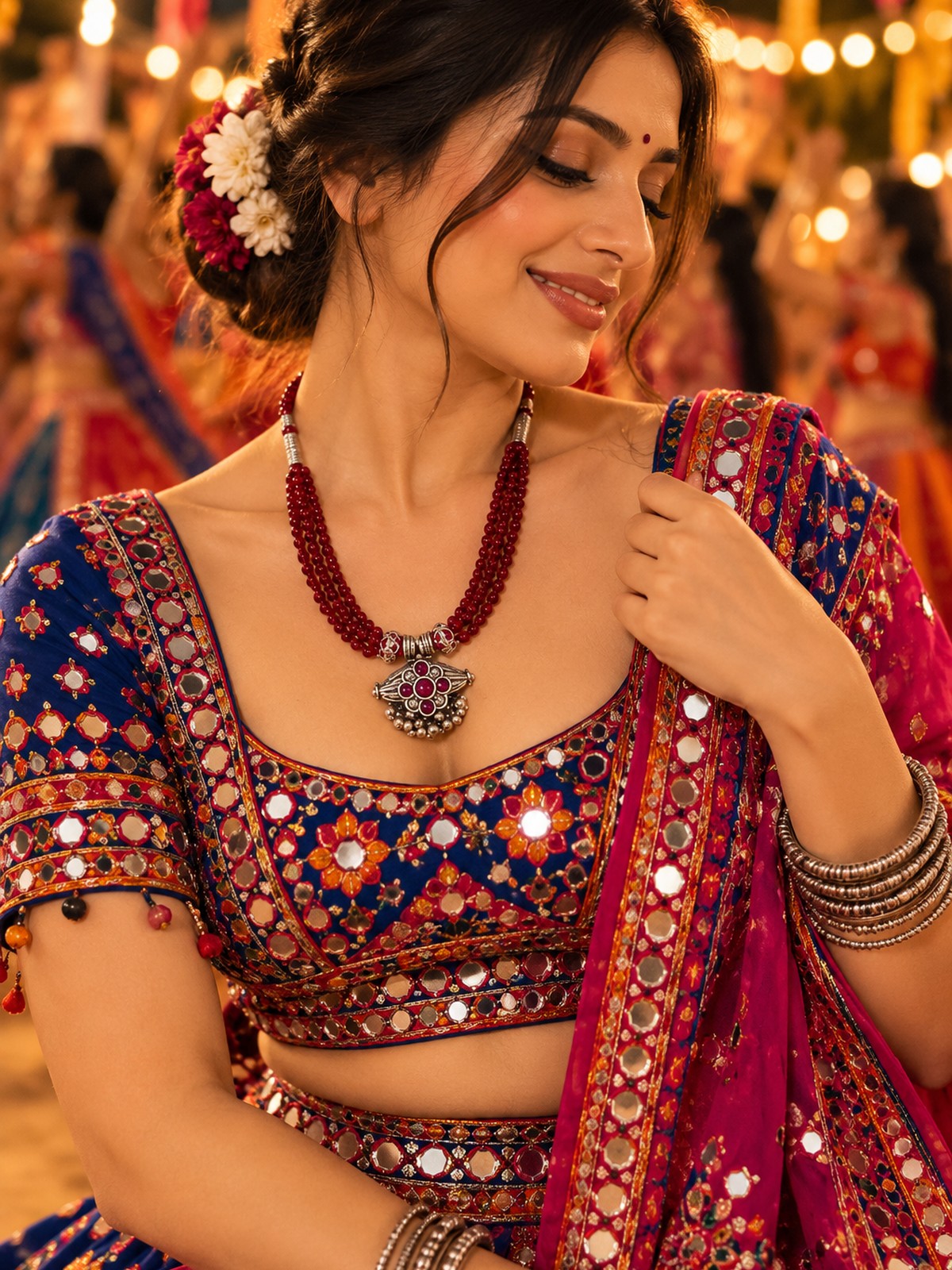 Model wearing Crimson Cord Blossom Necklace in 925 sterling silver | Harsh Jewellers