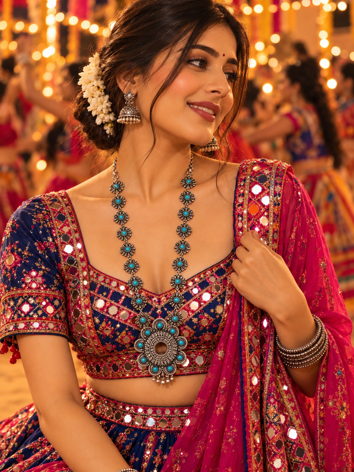 Model wearing Daisy Chain Turquoise Necklace in 925 sterling silver | Harsh Jewellers