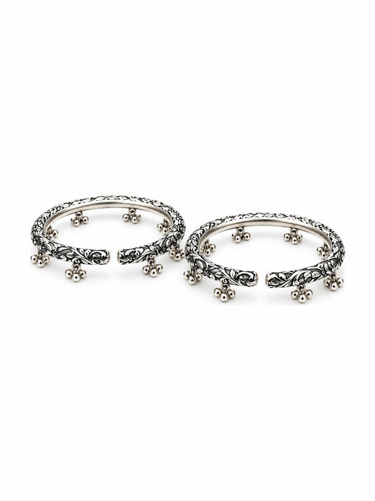 Floral Etch Ghungroo Bangle Pair - 925 Sterling Silver | Harsh Jewellers