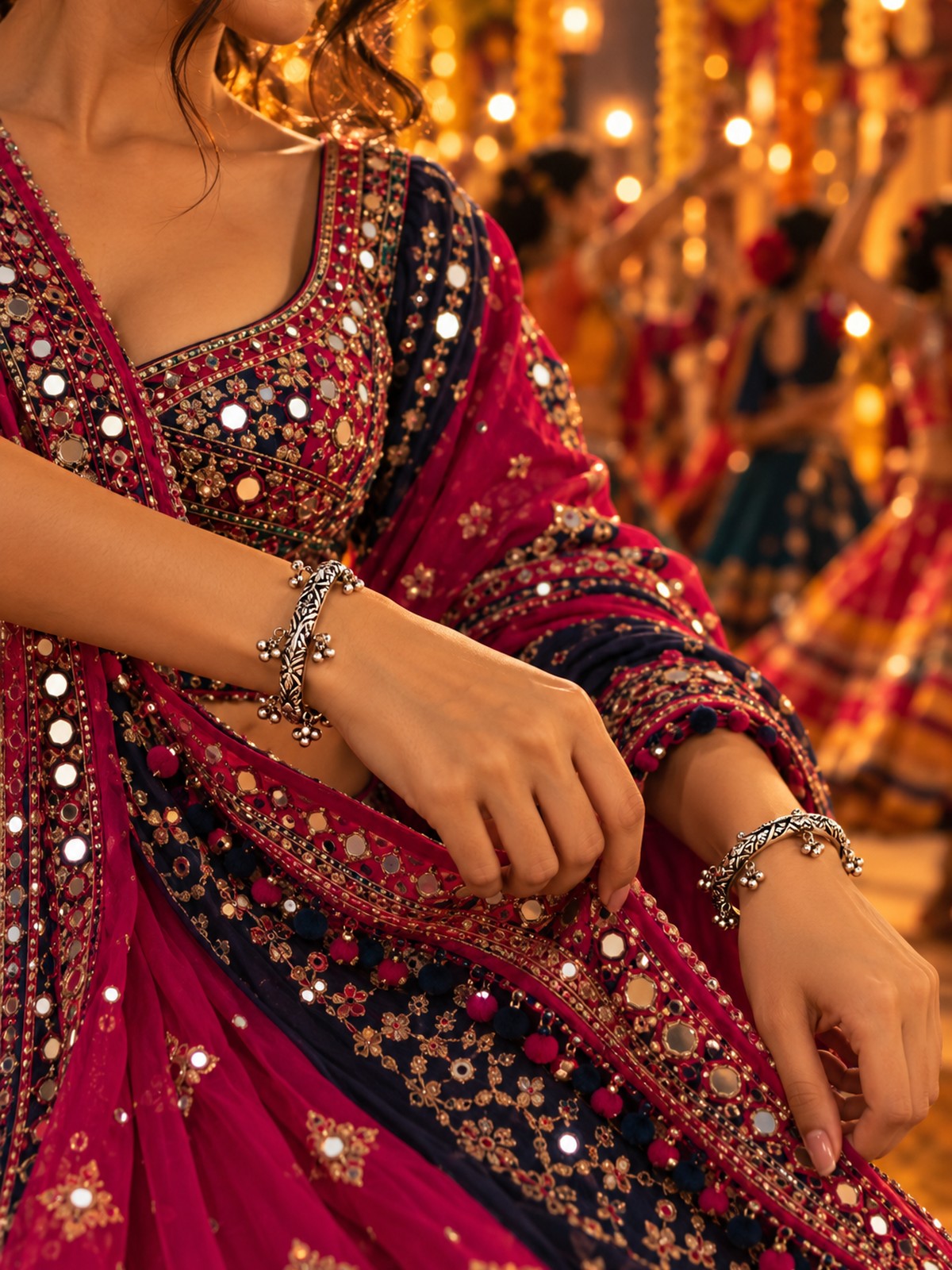 Model wearing Floral Etch Ghungroo Bangle Pair in 925 sterling silver | Harsh Jewellers