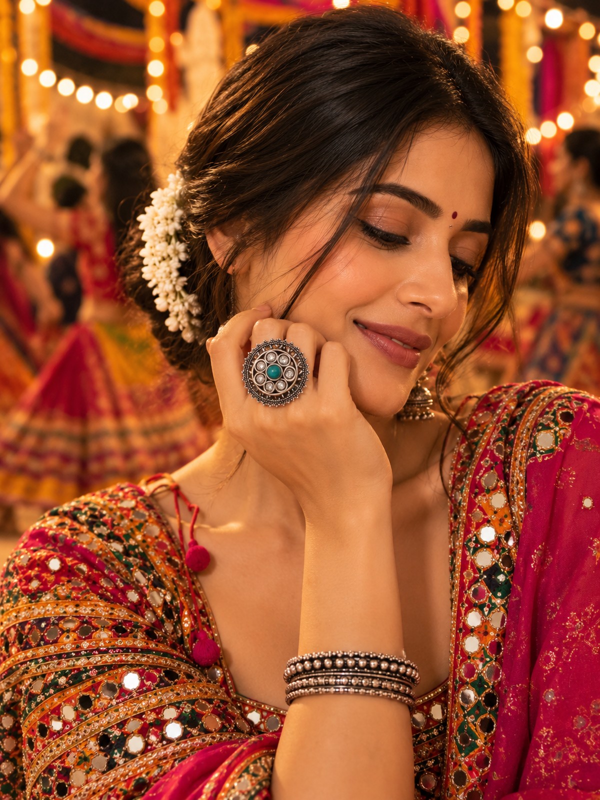 Model wearing Mandala Bloom Cocktail Ring in 925 sterling silver | Harsh Jewellers