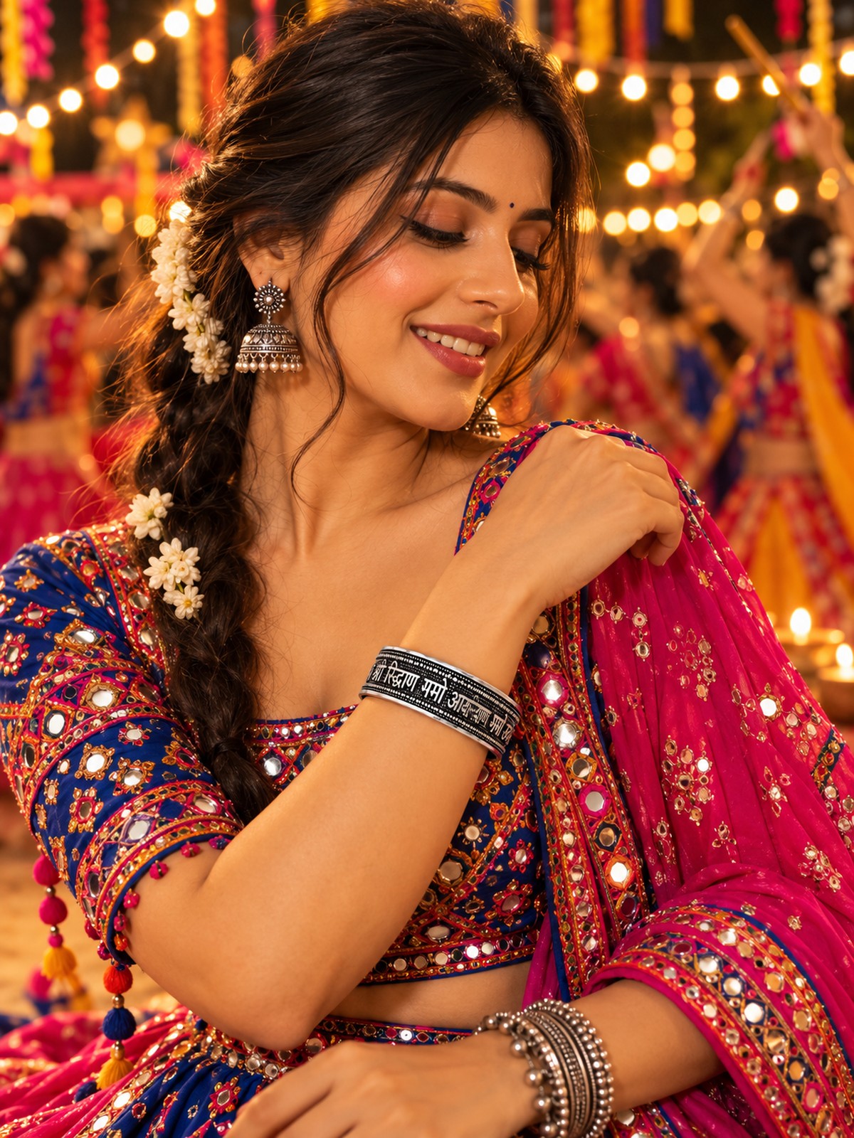 Model wearing Namokar Mantra Wide Cuff in 925 sterling silver | Harsh Jewellers