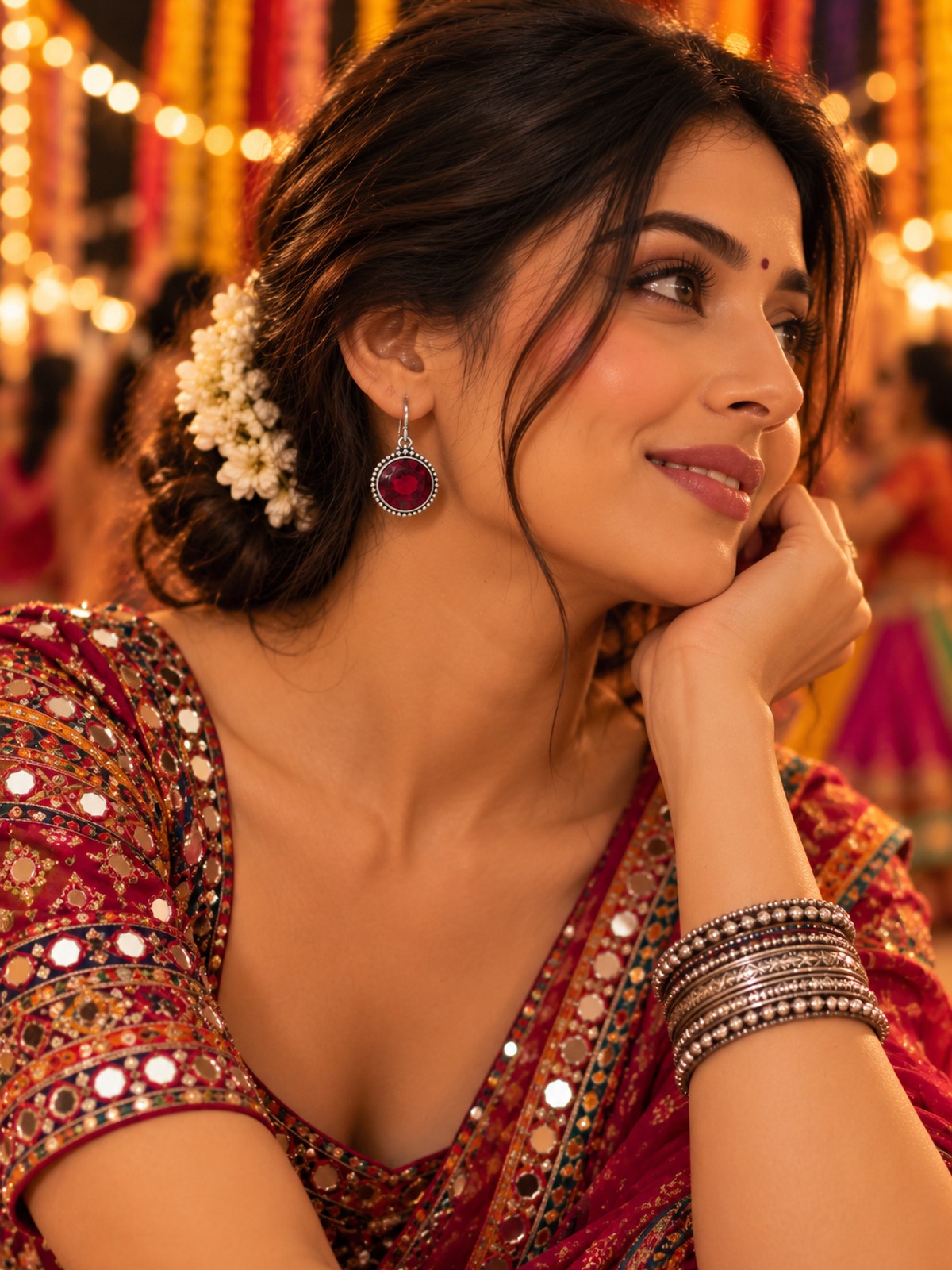 Model wearing Ruby Dew Drop Earrings in 925 sterling silver | Harsh Jewellers