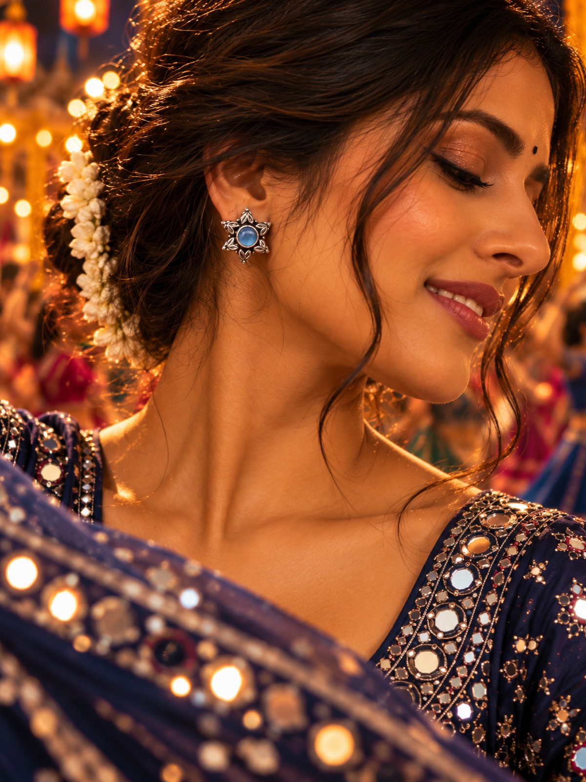 Model wearing Azure Starburst Studs in 925 sterling silver | Harsh Jewellers