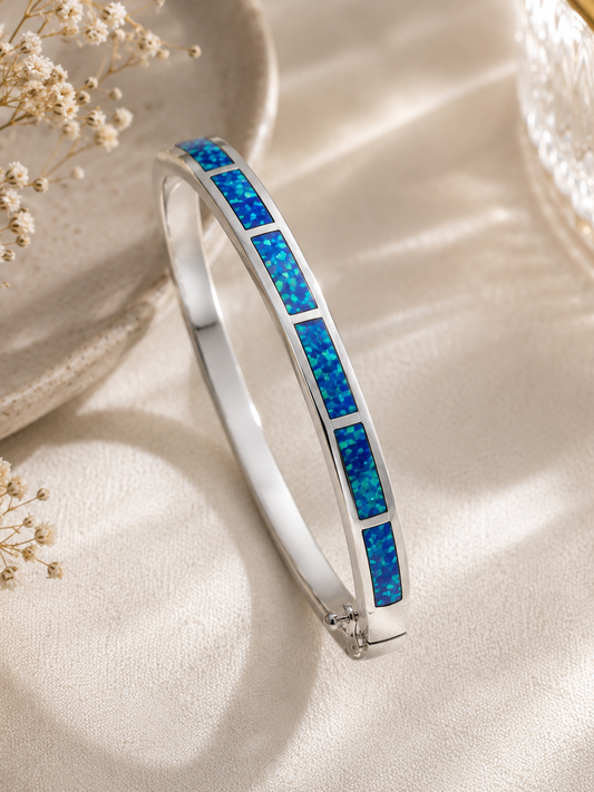 Blue Opal Inlay Silver Bangle - sterling silver | Harsh Jewellers