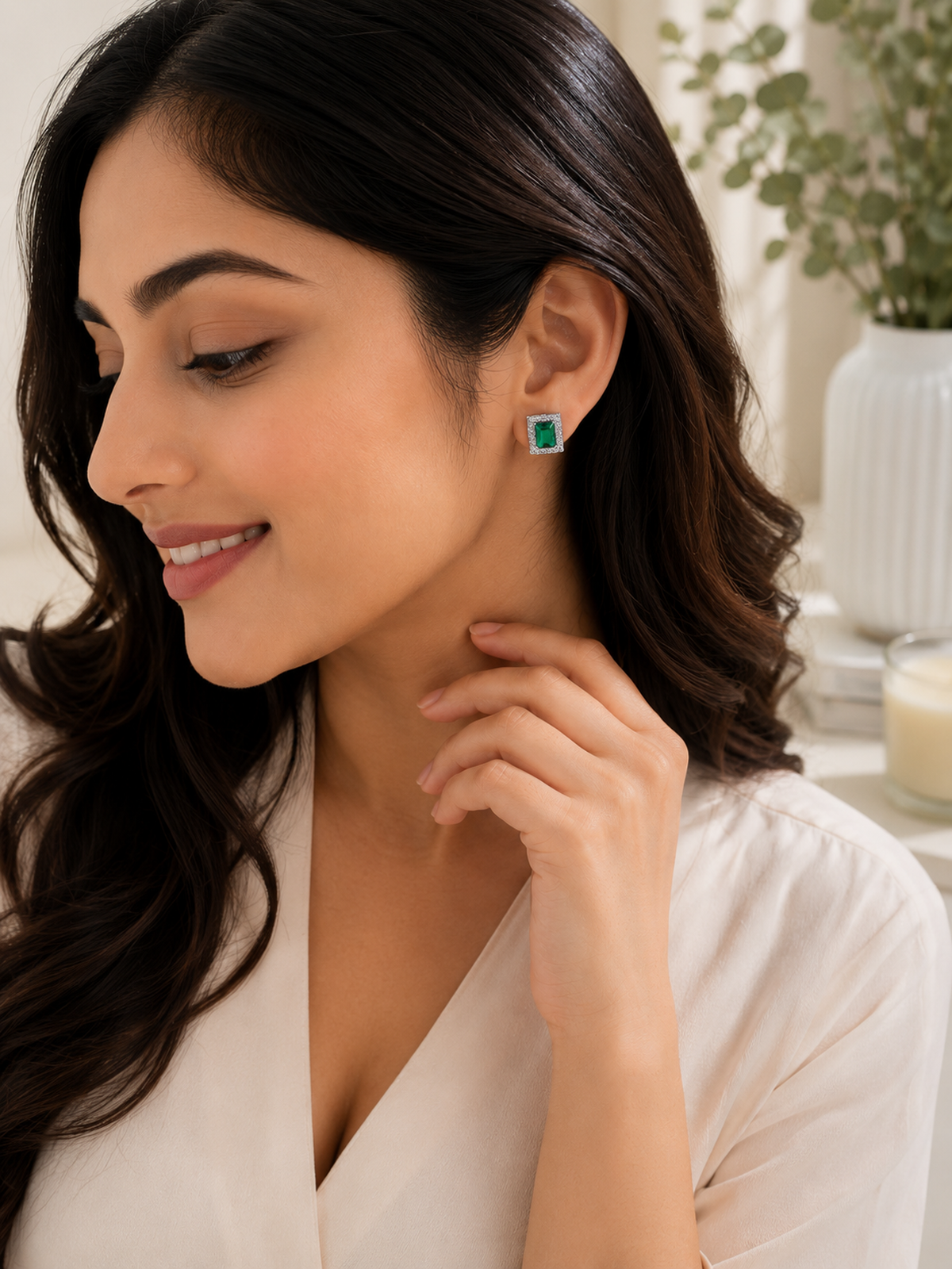 Emerald Green Rectangle Stud Earrings - sterling silver | Harsh Jewellers