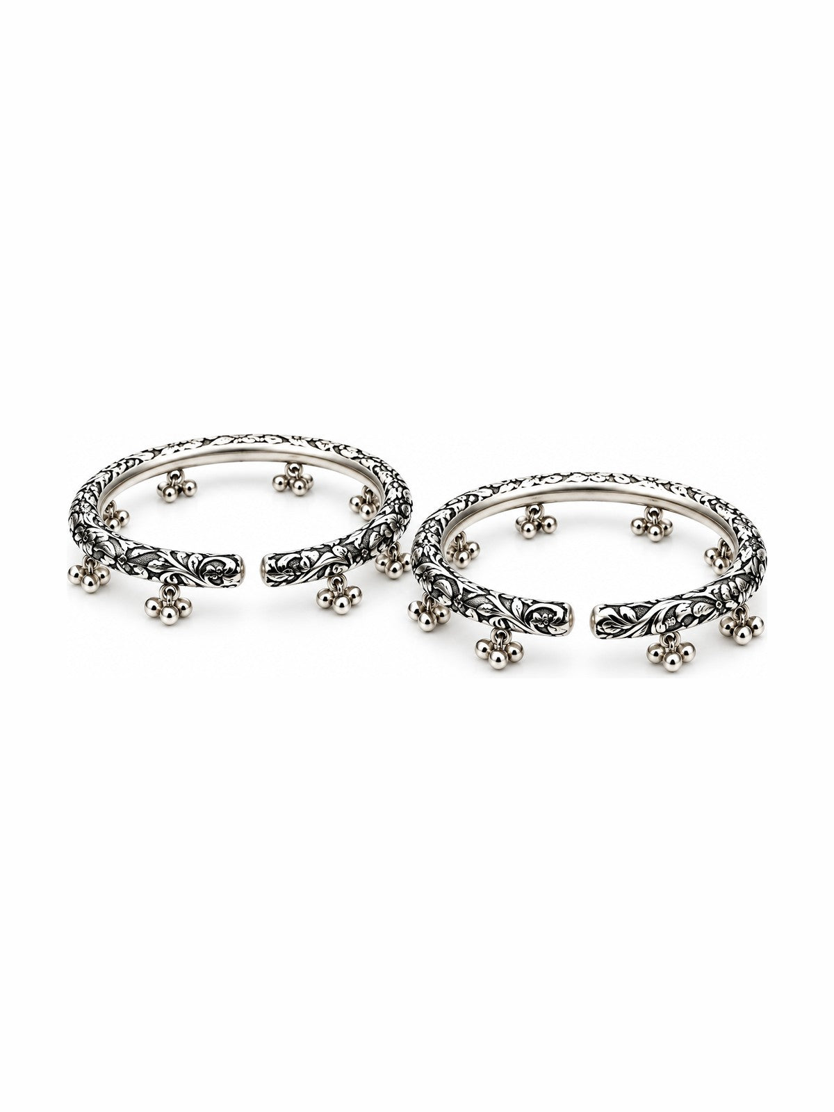 Floral Etch Ghungroo Bangle Pair - 925 Sterling Silver | Harsh Jewellers