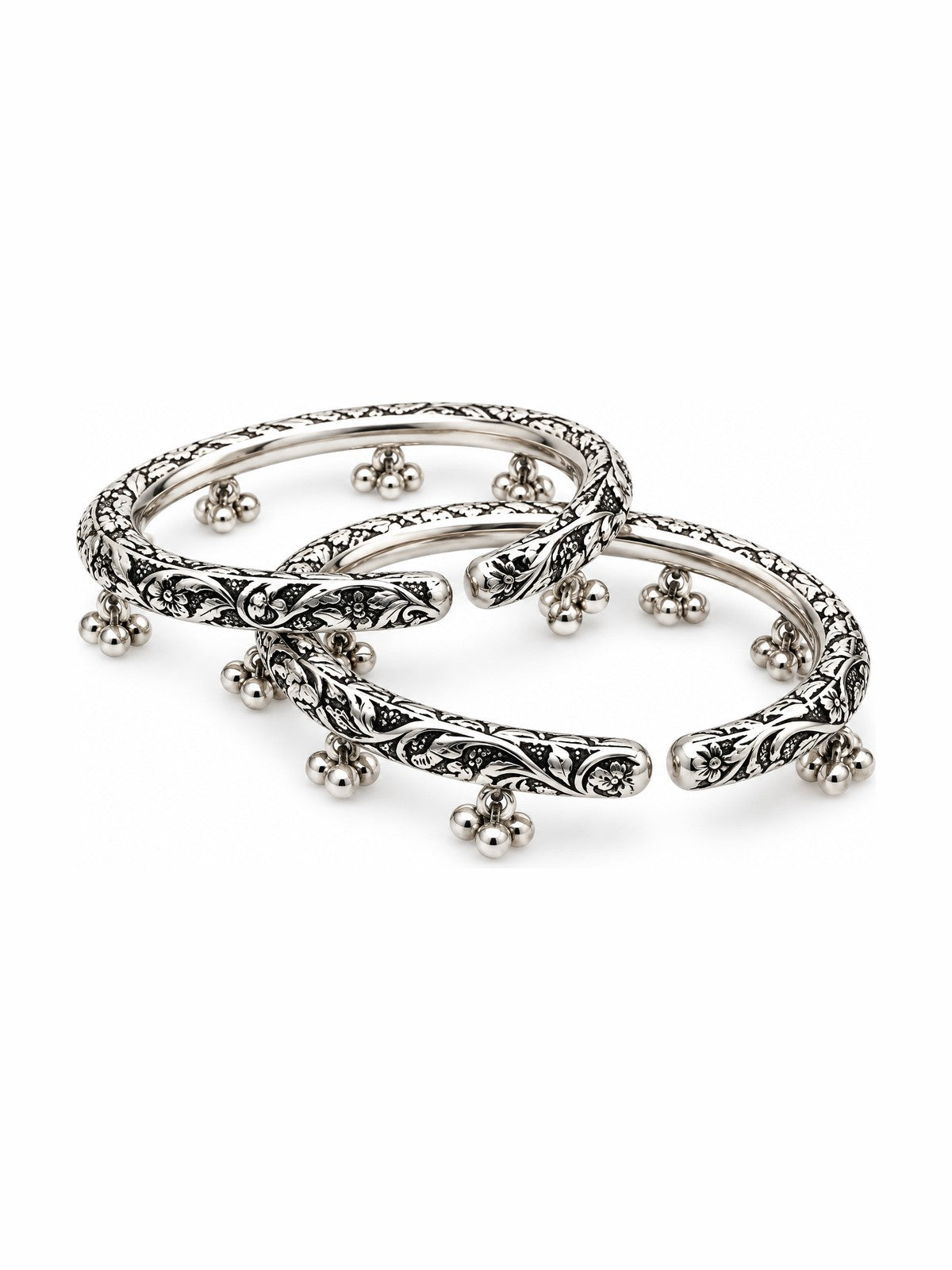 Floral Etch Ghungroo Bangle Pair - 925 Sterling Silver | Harsh Jewellers