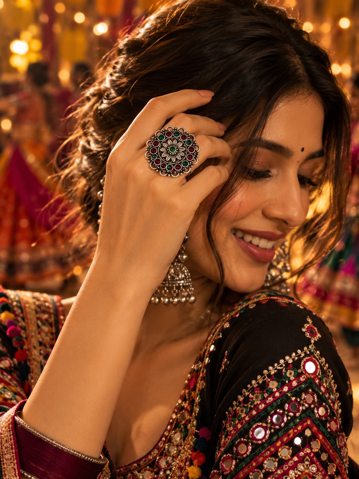 Model wearing Garden Jewel Ring in 925 sterling silver | Harsh Jewellers