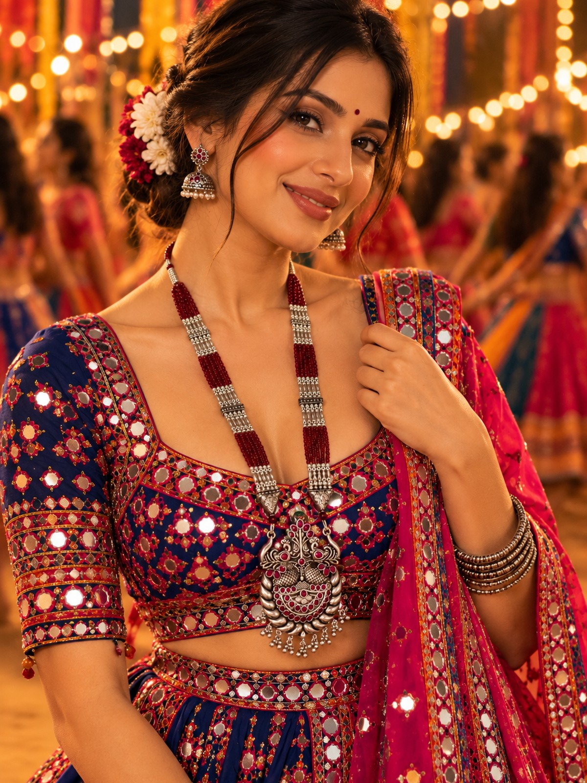 Model wearing Mayura Crest Beaded Necklace in 925 sterling silver | Harsh Jewellers