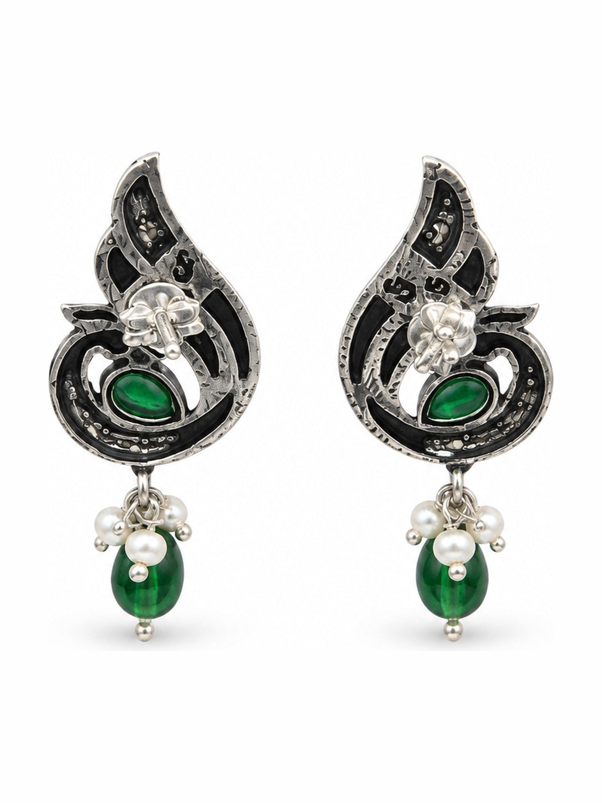 Mayura Emerald Drop Earrings - 925 Sterling Silver | Harsh Jewellers
