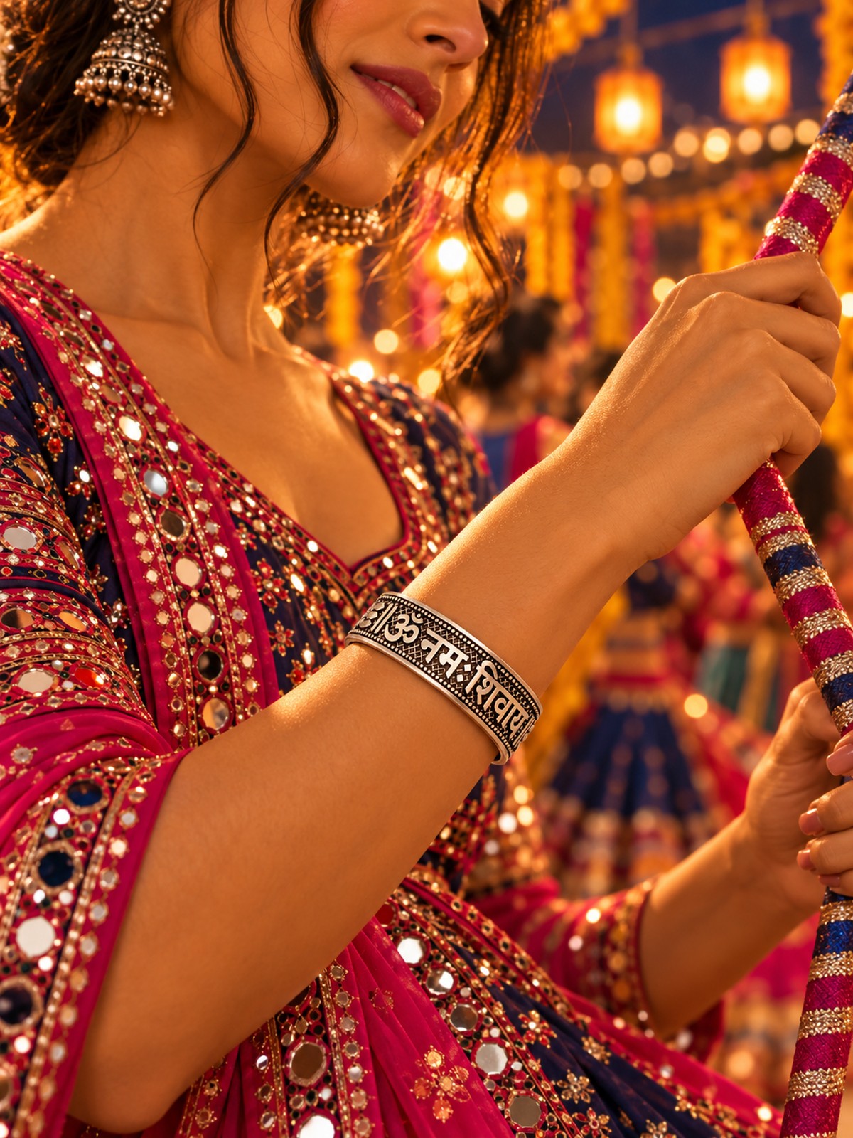 Model wearing Om Namah Shivaya Band Ring in 925 sterling silver | Harsh Jewellers