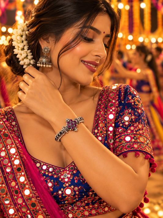 Model wearing Orchid Cluster Bangle in 925 sterling silver | Harsh Jewellers
