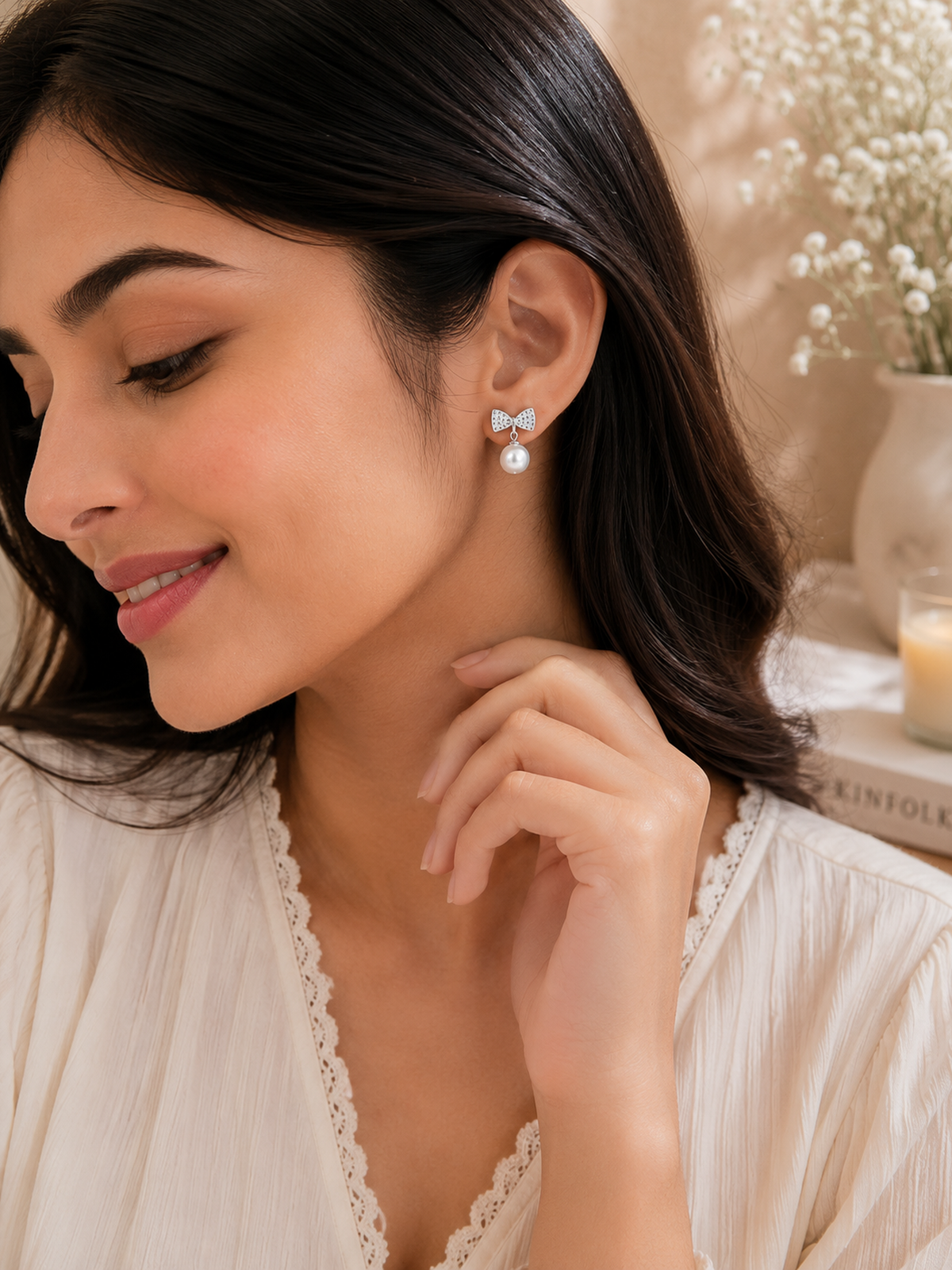 Pearl Bow Stud Earrings - sterling silver | Harsh Jewellers