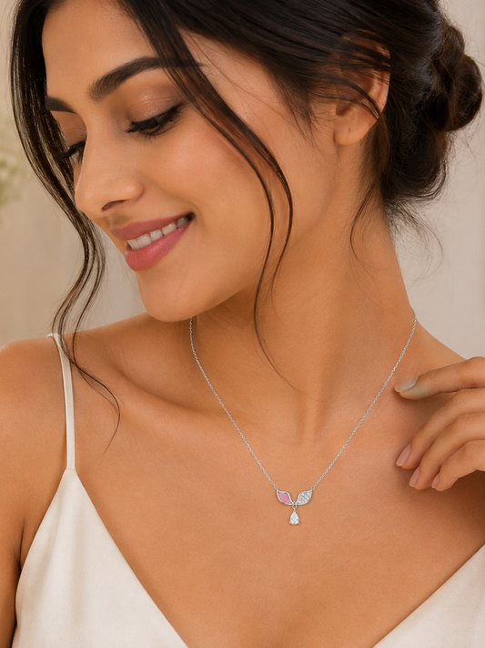 Pink & Crystal Teardrop Chain Pendant - 925 Sterling Silver | Harsh Jewellers