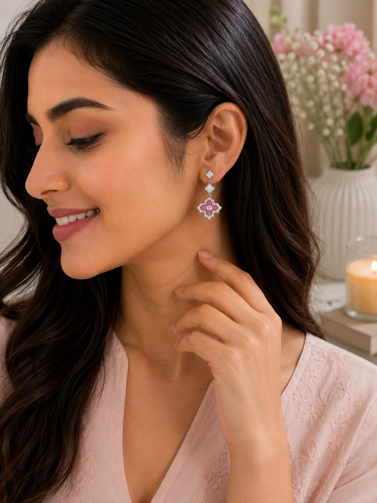 Pink Floral Drop Earrings - sterling silver | Harsh Jewellers