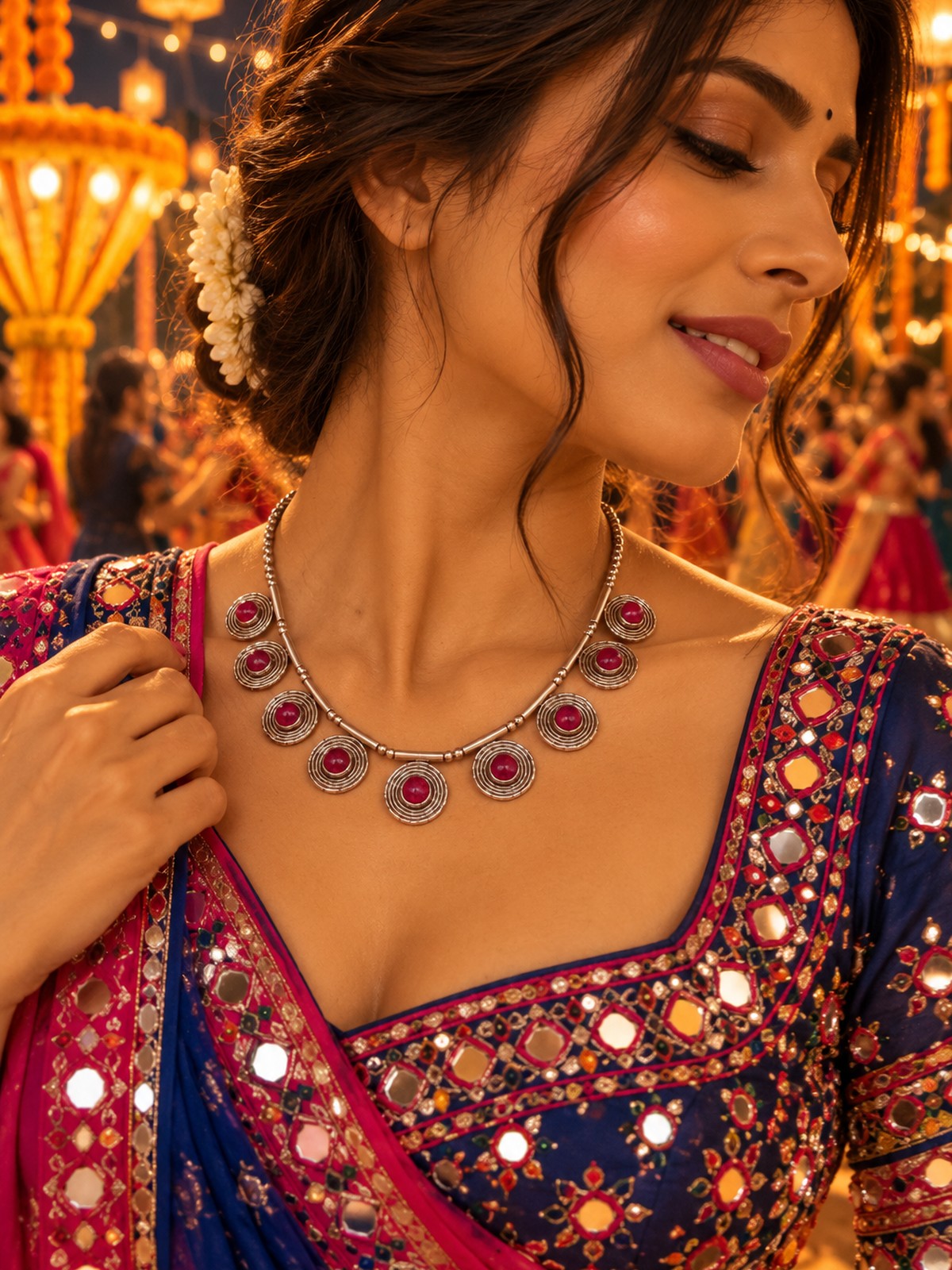 Model wearing Rosette Disc Necklace in 925 sterling silver | Harsh Jewellers