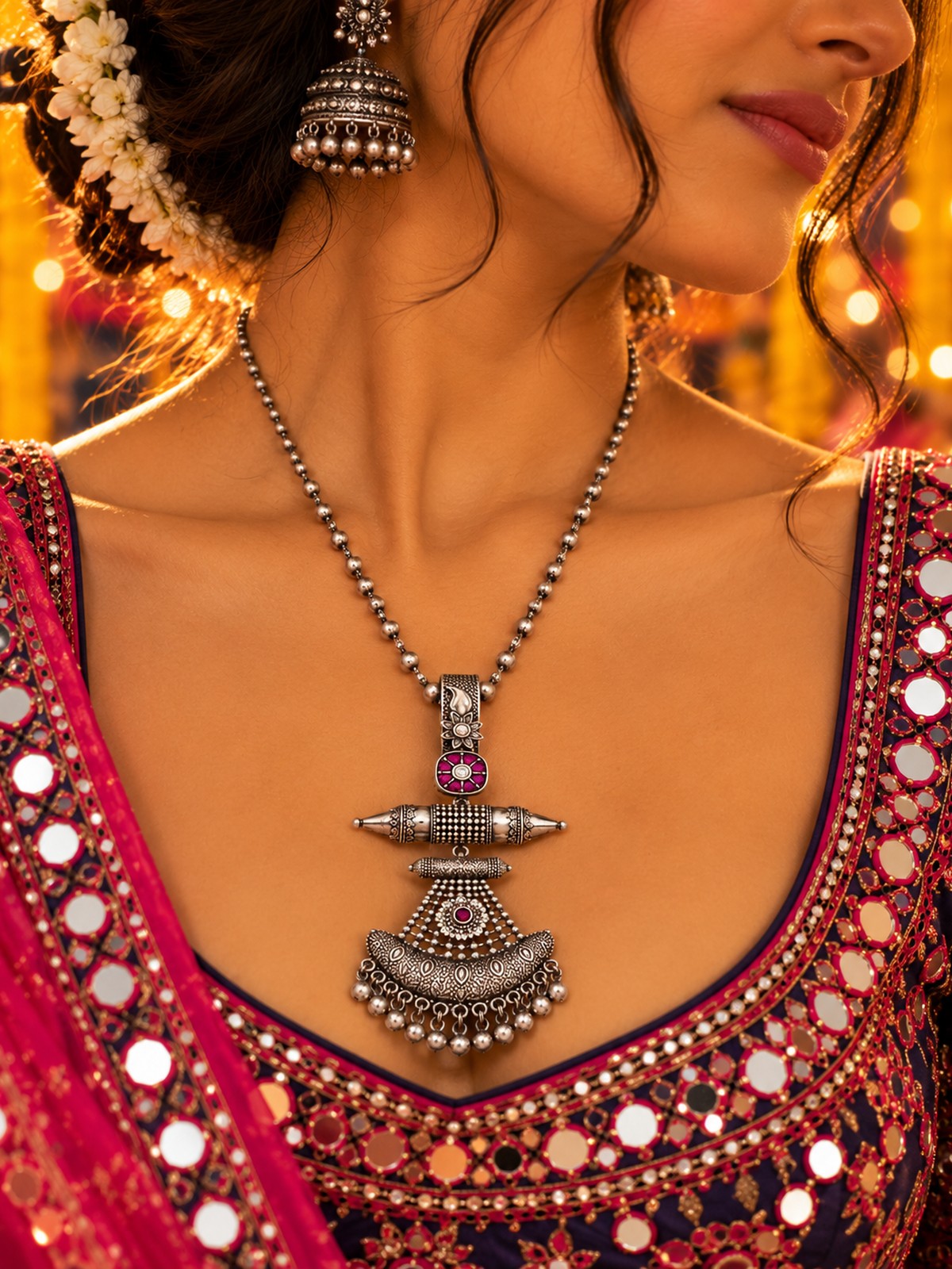 Model wearing Ruby Axis Pendant in 925 sterling silver | Harsh Jewellers