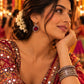 Model wearing Ruby Dew Drop Earrings in 925 sterling silver | Harsh Jewellers