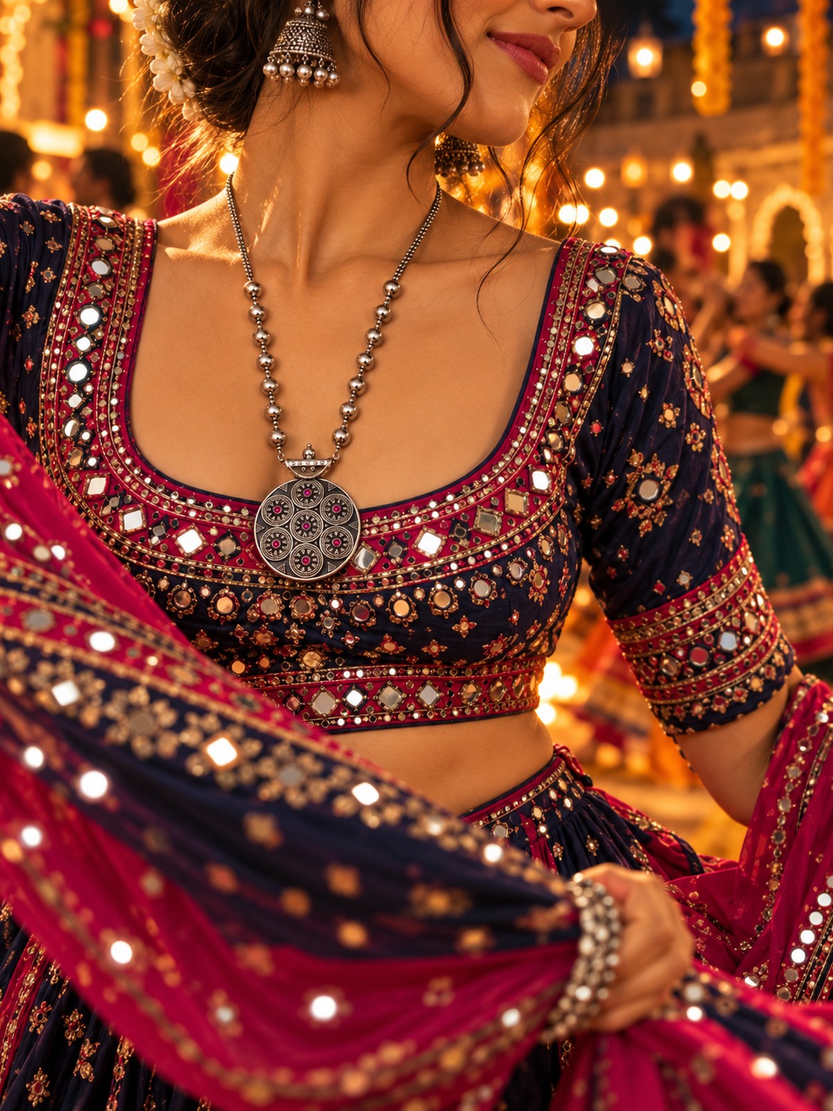 Model wearing Seven Blossom Medallion Necklace in 925 sterling silver | Harsh Jewellers