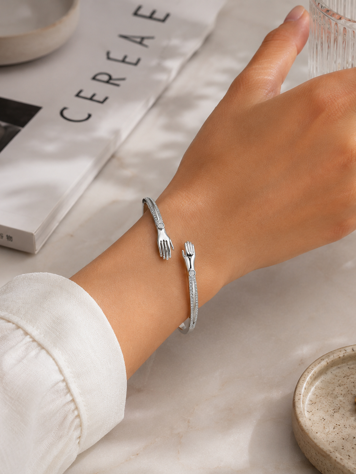 Silver Hand Embrace CZ Bangle - sterling silver | Harsh Jewellers