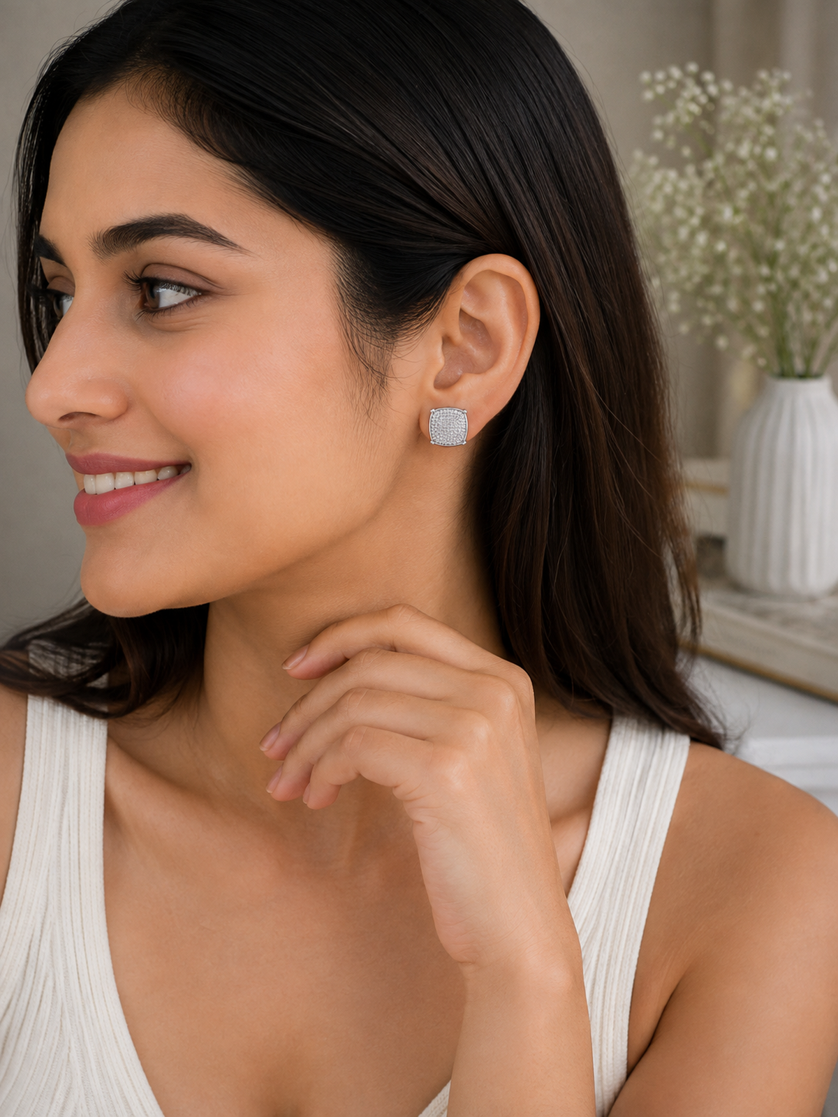 Silver Pavé Square Stud Earrings - sterling silver | Harsh Jewellers