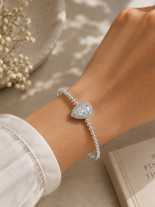 Silver Pear-Cut CZ Beaded Bangle - sterling silver | Harsh Jewellers
