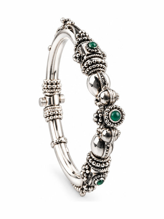 Sphere & Emerald Bangle - 925 Sterling Silver | Harsh Jewellers