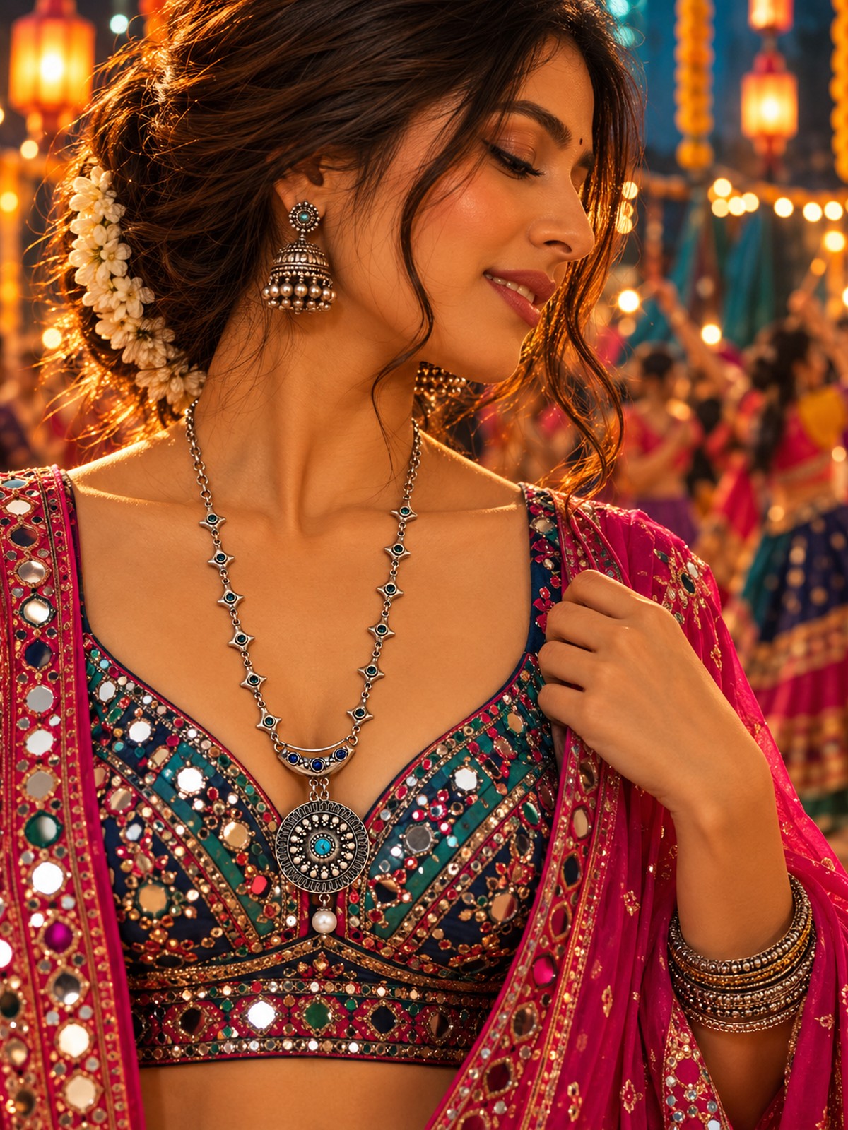 Model wearing Starlink Turquoise Necklace in 925 sterling silver | Harsh Jewellers