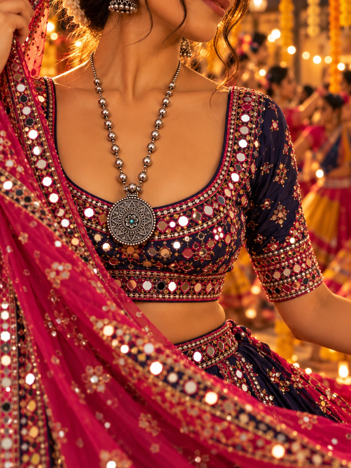 Model wearing Sunburst Oval Necklace in 925 sterling silver | Harsh Jewellers