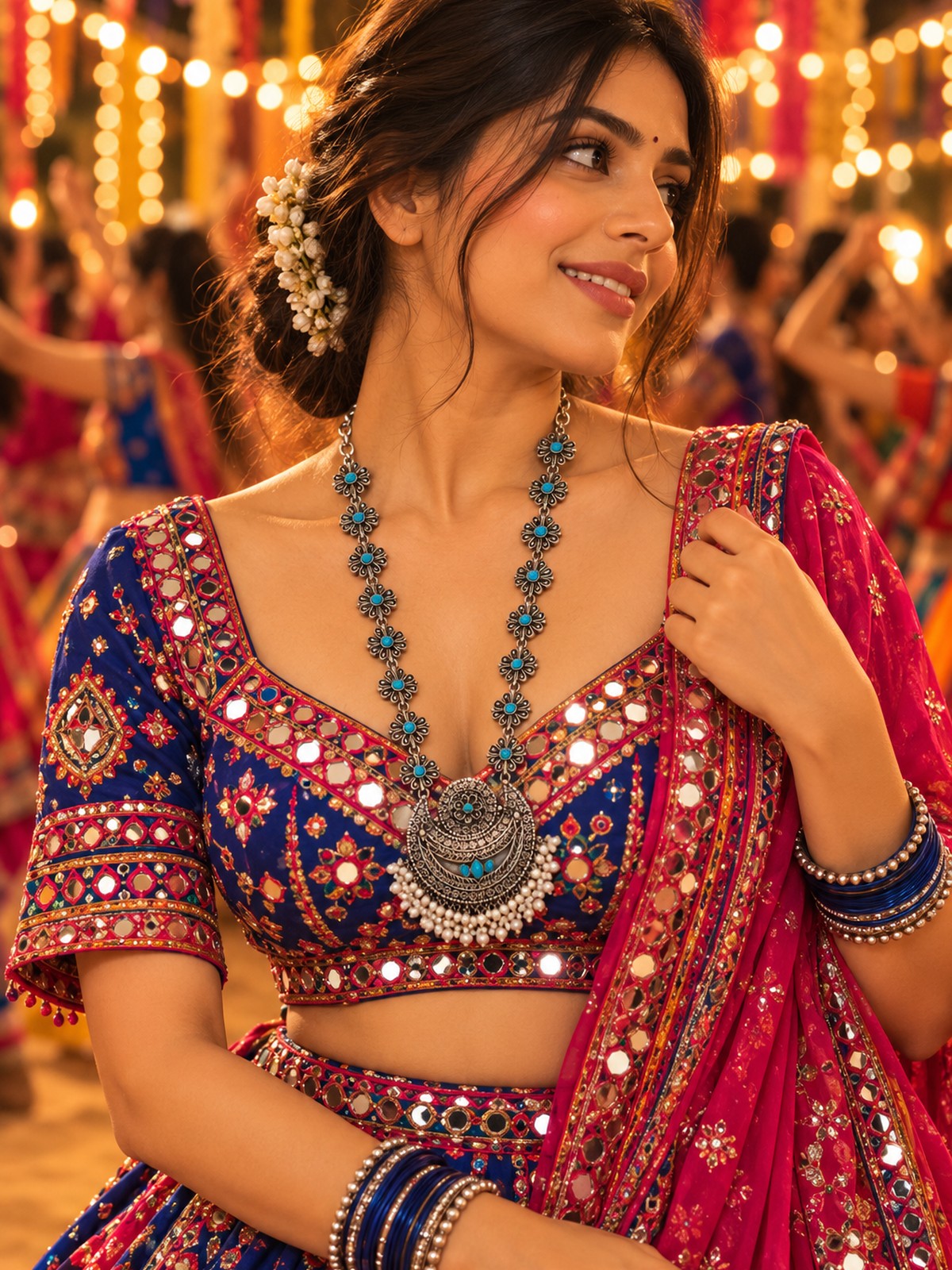 Model wearing Turquoise Crescent Moon Necklace in 925 sterling silver | Harsh Jewellers