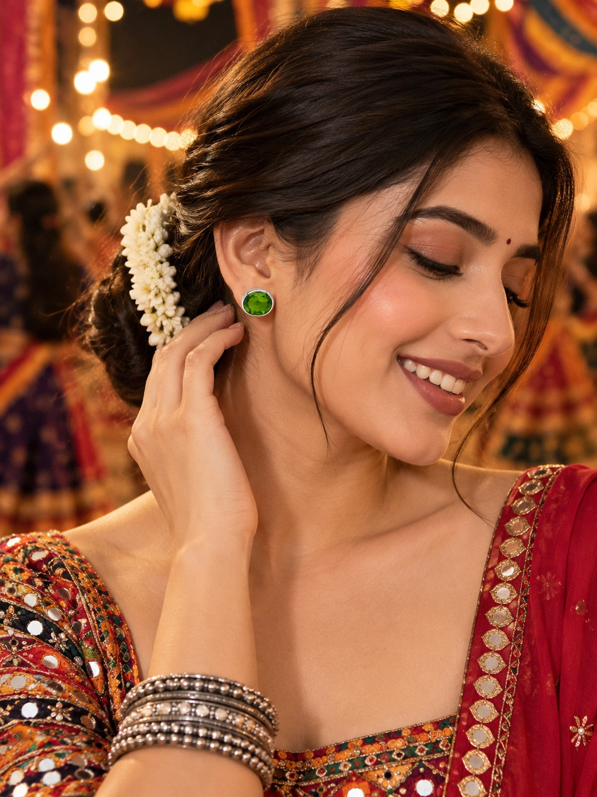Model wearing Verdant Oval Studs in 925 sterling silver | Harsh Jewellers